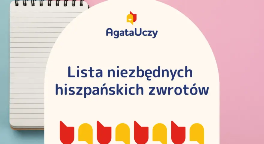 Lista niezbędnych hiszpańskich zwrotów z wymową. Notatnik i kolorowe dymki.