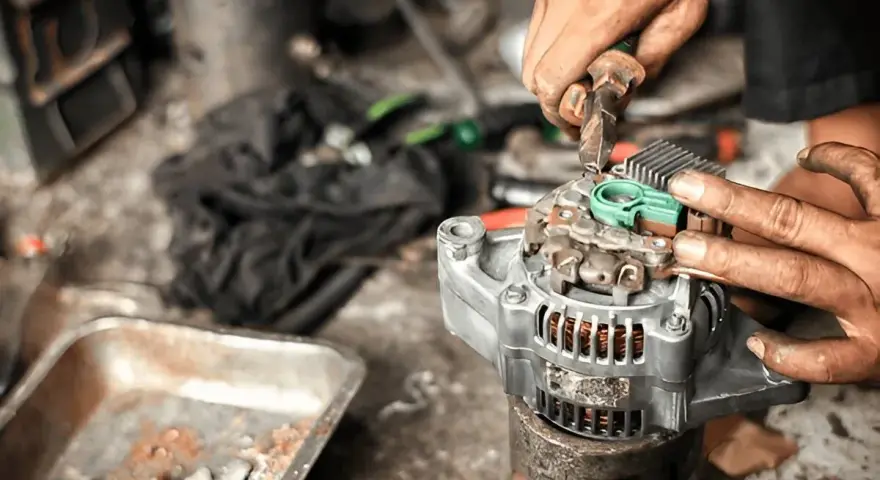 Mechaniker repariert Lichtmaschine, damit das Auto wieder anspringt.