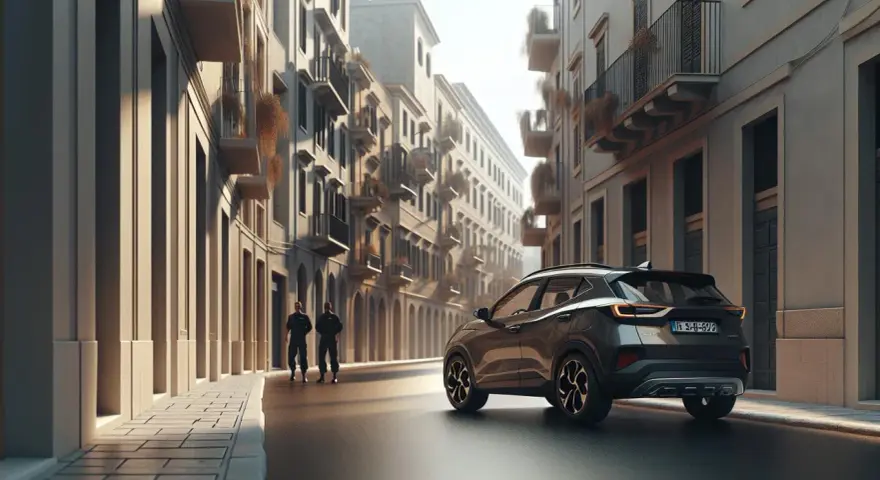 Un'auto scura parcheggiata in una strada italiana, con due uomini in uniforme che camminano. Un'atmosfera che ricorda l'art 159 cds.