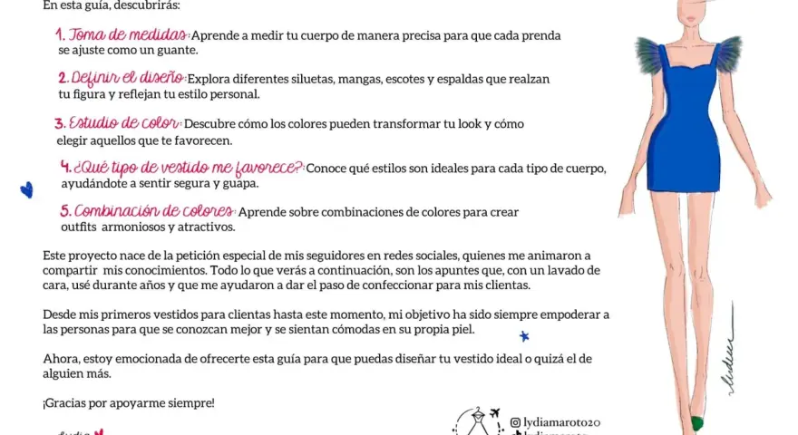 Guía para aprender como diseñar un vestido: toma de medidas, diseño, color y siluetas. Ilustración de un vestido azul y maniquí.