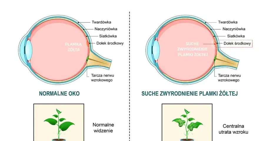 Porównanie normalnego oka z suchym zwyrodnieniem plamki żółtej. Obrazek pokazuje, jak obrzęk plamki żółtej wpływa na widzenie.