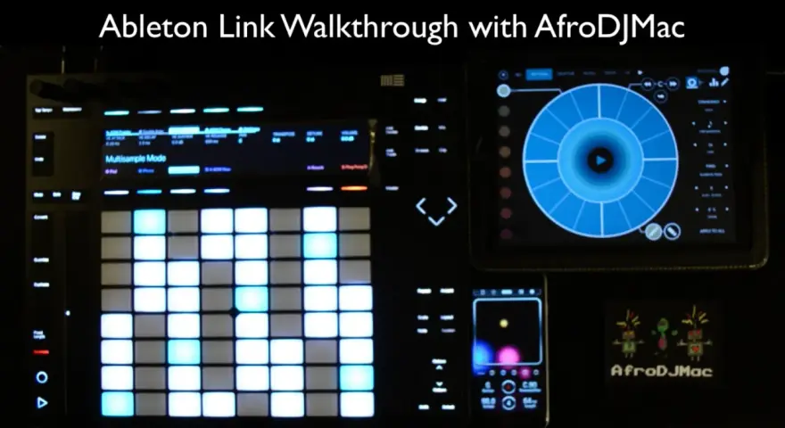 Sprzęt muzyczny z podświetlanymi padami, ekranem i tabletem, gotowy do synchronizacji dzięki **Ableton Link**.
