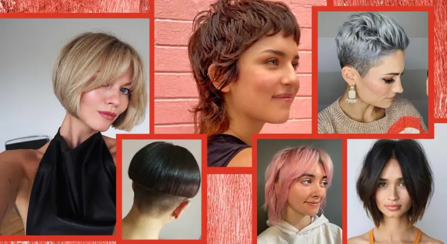 Collage di acconciature con tagli corti pratici: bob biondo, pixie grigio, caschetto a fungo, mullet castano e bob rosa.
