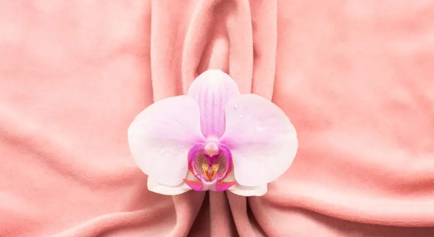 Delikatna orchidea na różowym tle, symbolizująca piękno i kobiecość, nawiązuje do tematu wycinania warg sromowych.