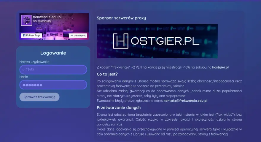 Logowanie do strony, która pozwala sprawdzić procent frekwencji Librus. Wpisz dane i kliknij "Sprawdź frekwencję".
