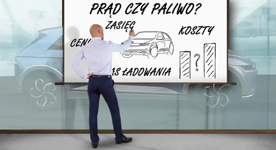 Mężczyzna pisze na tablicy "Prąd czy paliwo?", rysując samochód, wykresy i pytając o zasięg, koszty i czas ładowania.