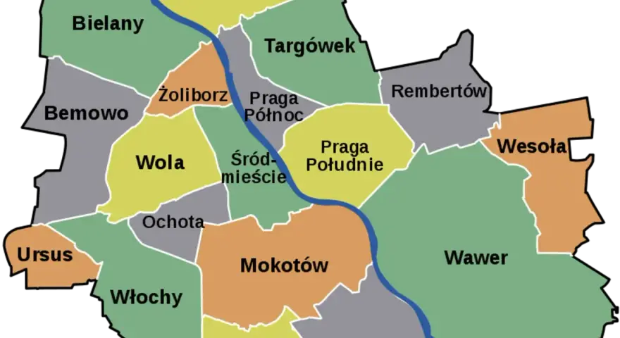 Mapa przedstawia podział na dzielnice Warszawy, w tym Wola, Mokotów, Praga Północ i Południe, Bemowo, Bielany, Żoliborz, Ochota, Ursus, Włochy, Targówek, Rembertów, Wesoła i Wawer.