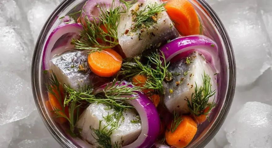 En skål med inlagd sill, rödlök, morötter och dill, serverad på is. En klassisk svensk rätt, perfekt för midsommar.