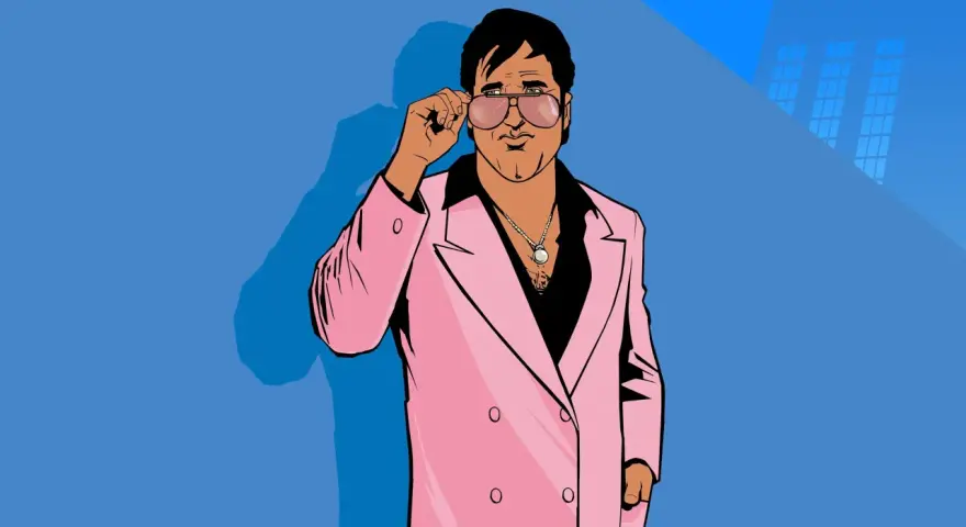 Tommy Vercetti w różowej marynarce poprawia okulary. Szukasz kodów do GTA Vice City?