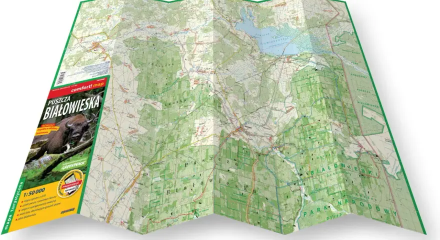 Mapa turystyczna Puszczy Białowieskiej, pokazująca szlaki, jeziora i tereny Parku Narodowego. Idealna, by zaplanować wycieczkę i dowiedzieć się, gdzie jest Puszcza Białowieska.