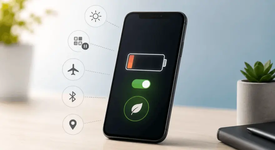 Jak dbać o baterie w telefonie? Ikony sugerują oszczędzanie energii: jasność, tryb samolotowy, Bluetooth, lokalizacja.
