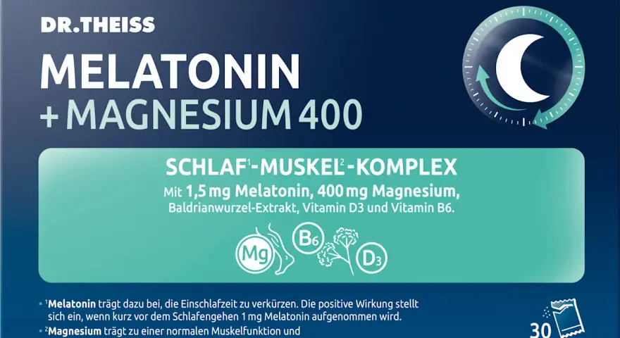 Dr. Theiss Melatonin + Magnesium 400: Schlaf-Muskel-Komplex mit 400mg Magnesium für erholsamen Schlaf. 30 Sachets.