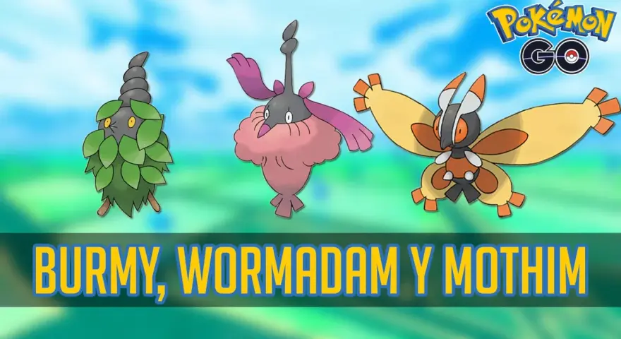 Burmy, Wormadam y Mothim, tres Pokémon de Pokémon GO, listos para la batalla.
