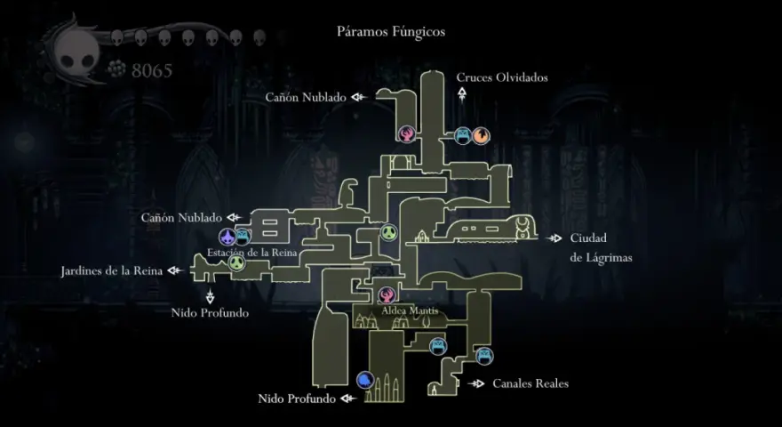 Mapa de Páramos Fúngicos en Hollow Knight. Se ven zonas como Cañón Nublado, Jardines de la Reina y Aldea Mantis, con iconos de larvas.