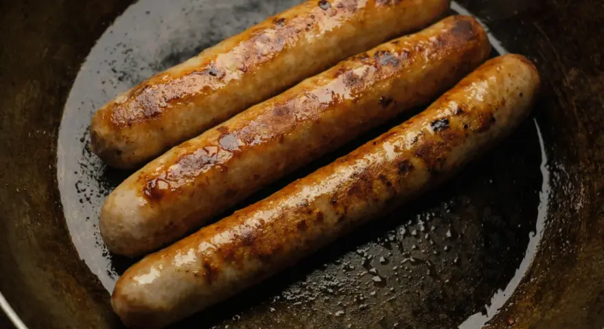 Drei goldbraune Bratwürste brutzeln in einer Pfanne. Perfekt für leckere Bratwurst Rezepte!