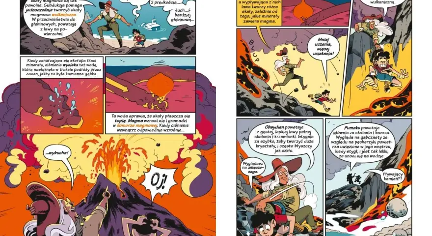 Jak wygląda komiks: naukowcy badają wulkany, lawę i minerały. Dzieci uciekają przed erupcją, a potem obserwują pływające kamienie.