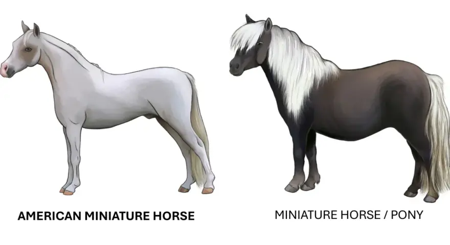 Due cavalli di piccola razza: un American Miniature Horse bianco e un Miniature Horse/Pony scuro con criniera bianca.