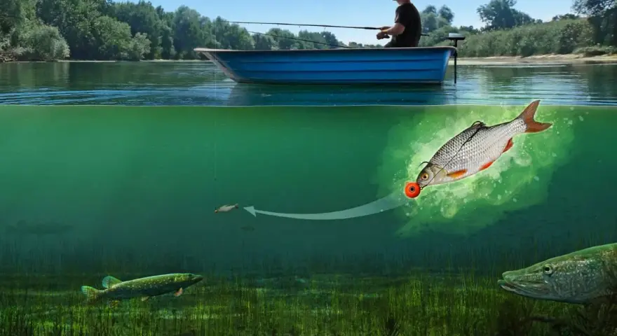 Ein Angler im Boot wirft eine Leine aus. Unter Wasser schnappt ein Hecht nach einem Köderfisch, der wie ein Feuerball aussieht.