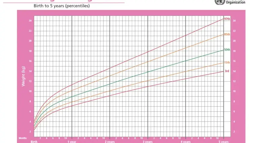 Wykres WHO pokazuje, ile powinno ważyć roczne dziecko płci żeńskiej. W wieku 1 roku średnia waga (50. centyl) to ok. 9,6 kg.