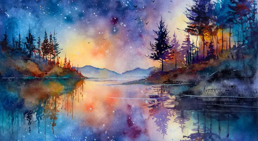 Aquarelle paysage d'un lac paisible reflétant un ciel étoilé aux couleurs vives, avec des silhouettes d'arbres sombres sur les rives.