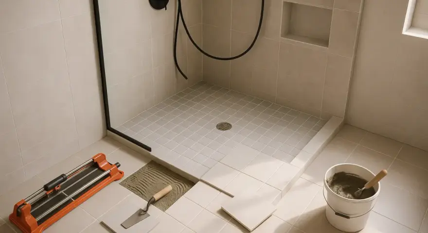 Pose de carrelage dans une salle de bain avec douche italienne. Outils de pose et seau de mortier à proximité.