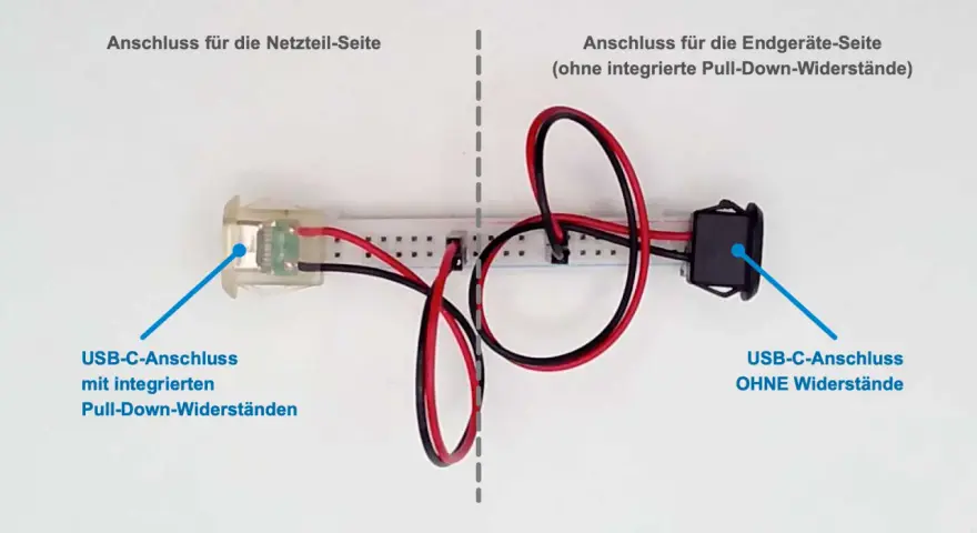 USB-C-Adapter mit und ohne Pull-Down-Widerstände. Ein Anschluss für das Netzteil, der andere für Endgeräte.