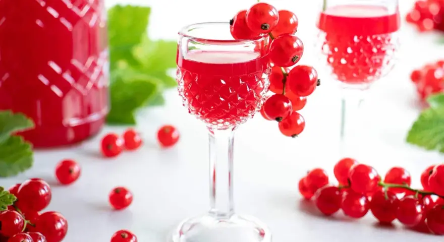 Rote Johannisbeeren schnaps ansetzen: Ein Glas mit rotem Likör, garniert mit frischen Beeren, daneben eine Flasche und weitere Johannisbeeren.