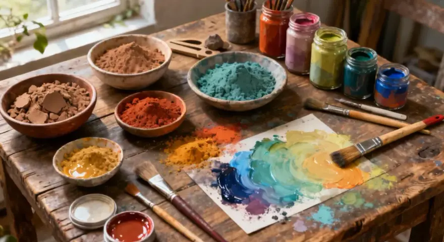 Pots de pigments colorés, pinceaux et palette de peinture sur un établi en bois. L'artiste peintre sur bois prépare ses couleurs.