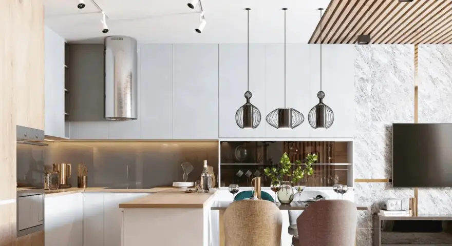 Cocina moderna con campana extractora plateada, lámparas colgantes de diseño y una mesa lista para cenar. La iluminación ambiental crea una atmósfera acogedora, con suficientes **lúmenes por m2** para disfrutar.