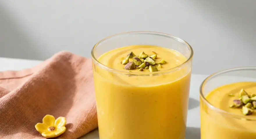 Två glas med krämig mango lassi, toppad med hackade pistagenötter. En rosa duk och små blommor ligger bredvid.