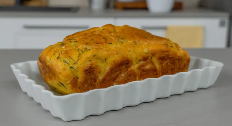 Sformato di zucchine dorato e fragrante, appena sfornato, servito in una pirofila bianca.