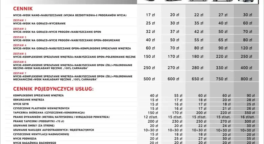 Cennik myjni ręcznej TechCar. Jak korzystać? Wybierz zestaw usług lub pojedynczą usługę, np. mycie z woskiem, odkurzanie wnętrza, polerowanie.