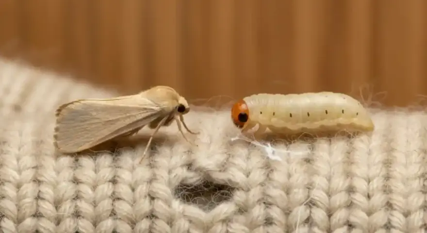 Larwa mola ubraniowego i dorosły osobnik na swetrze.