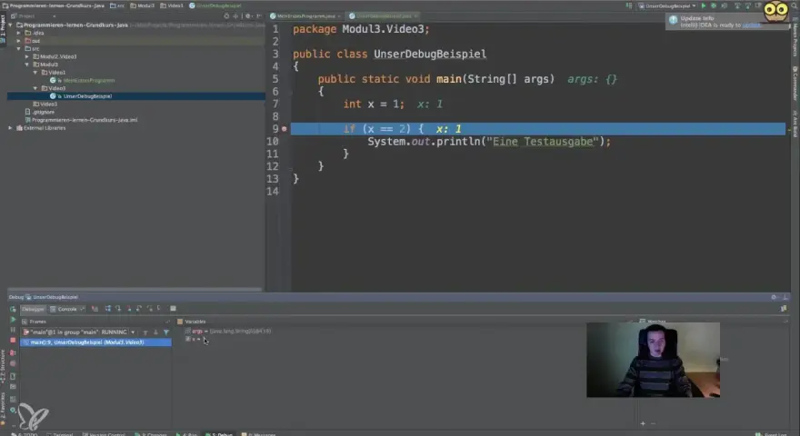 Java-Code wird im Debugger analysiert. Die Variable 'x' wird geprüft, was die Bedeutung von Debugging verdeutlicht.
