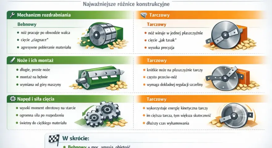 Porównanie rębaków: bębnowy (agresywny, mocny) i tarczowy (precyzyjny, z dobrym wykończeniem zrębki).