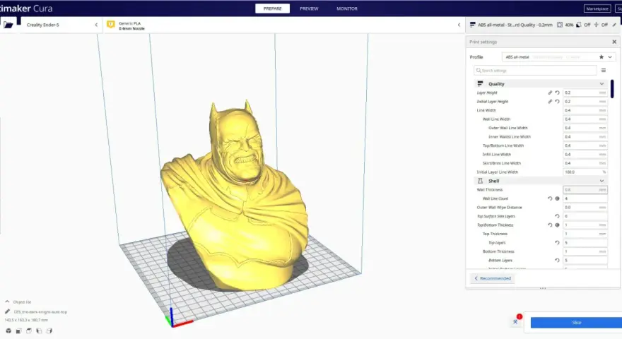 Busta Batmana w programie Ultimaker Cura. Ustawienia druku w zakładce "Print settings" pokazują parametry dla profilu "ABS all-metal".