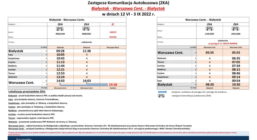 Rozkład jazdy zastępczej komunikacji autobusowej (ZKA) Białystok - Warszawa Cent. w dniach 12 VI - 3 IX 2022 r.