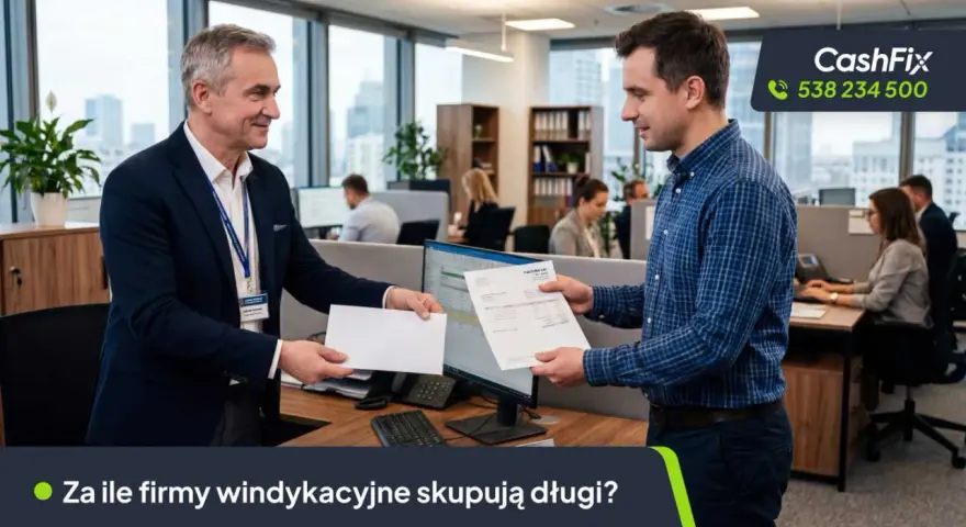 Dwóch mężczyzn w biurze wymienia dokumenty. Pytanie brzmi: za ile firmy windykacyjne skupują długi?
