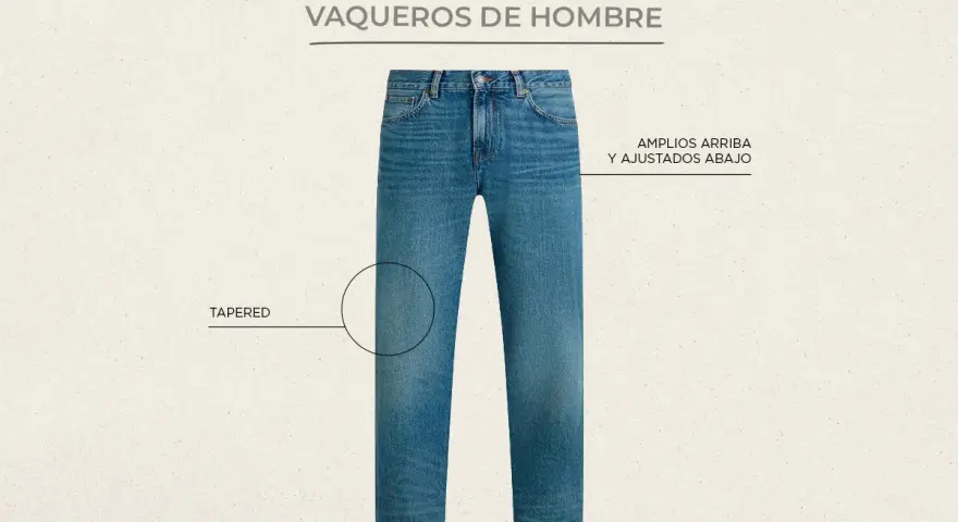 Vaqueros de hombre, amplios arriba y ajustados abajo, con corte tapered.