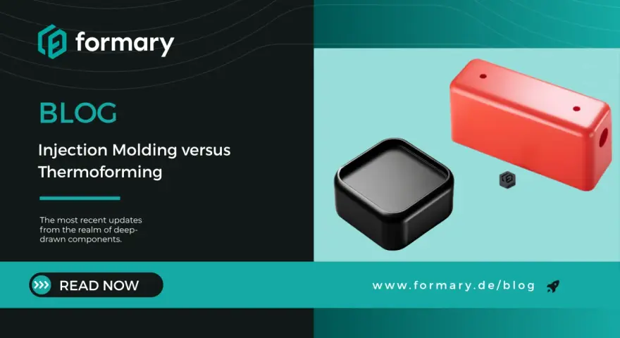 Molded plastic parts: a black square and a red rectangular prism, showcasing different manufacturing techniques.