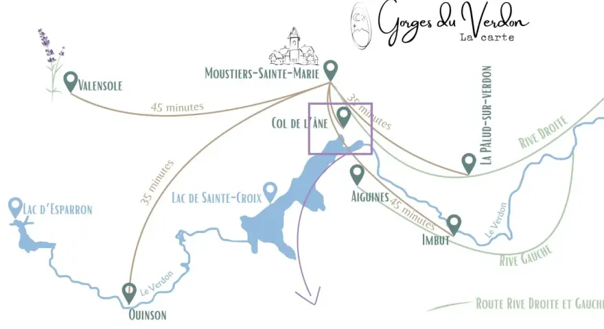 Carte des Gorges du Verdon, idéale pour une randonnée. Elle indique les distances et temps de trajet entre Valensole, Moustiers, Aiguines et le lac de Sainte-Croix.