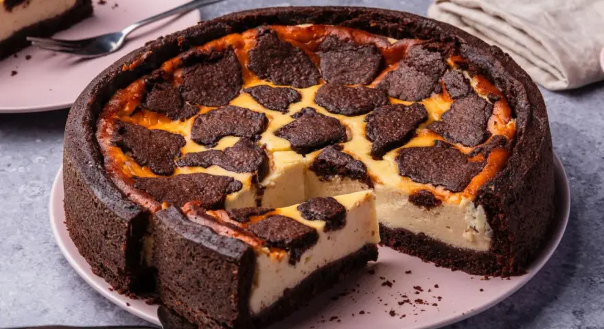 Ein saftiger russischer Zupfkuchen mit dunklem Schokoladenboden und cremiger Füllung, belegt mit zupfartigen Schokoladenstückchen.