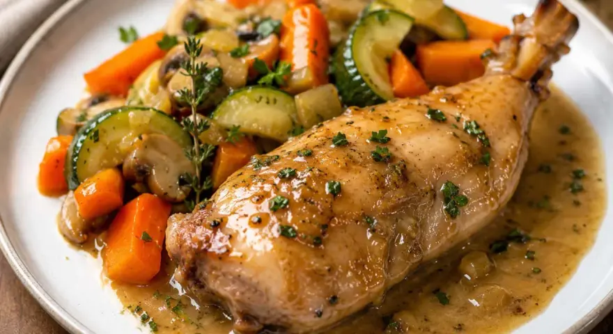 Un savoureux lapin chasseur, rôti à la perfection, servi avec des carottes, courgettes et champignons dans une sauce onctueuse.