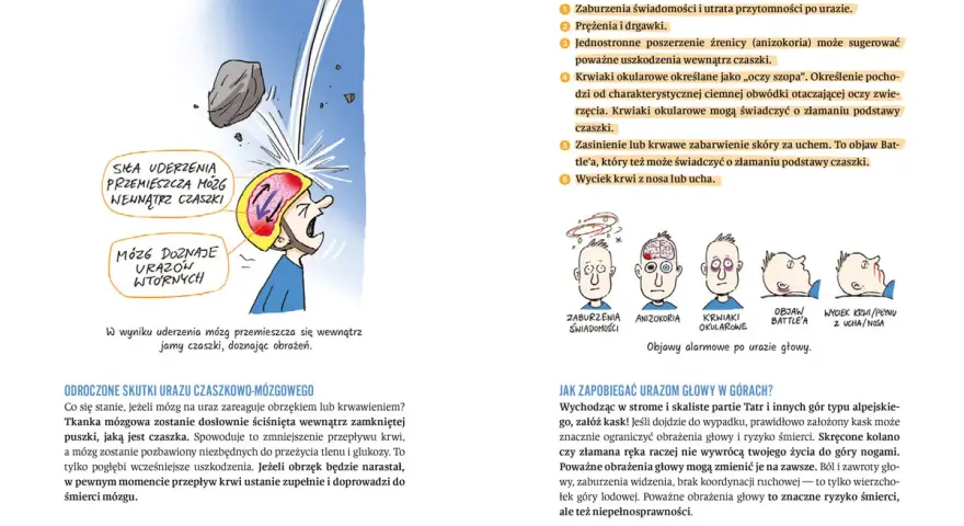 Pierwsza pomoc w górach: ilustracja pokazuje uraz głowy i objawy alarmowe, podkreślając znaczenie kasku.