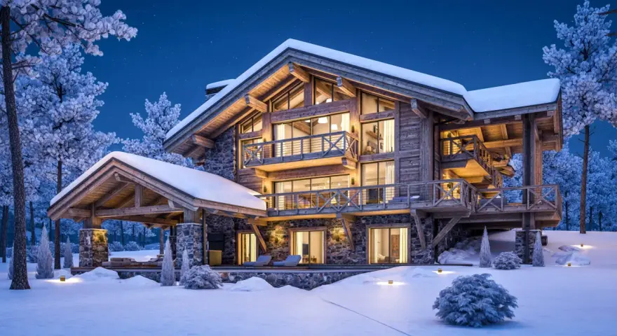 Casa de montaña nevada con luces cálidas, ideal para aerotermia en zonas frías.