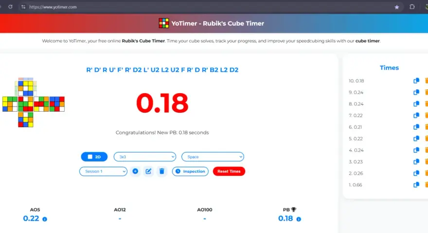 En speed cube timer visar en tid på 0.18 sekunder, vilket är ett nytt personbästa. Kubens lösningssteg visas ovanför.