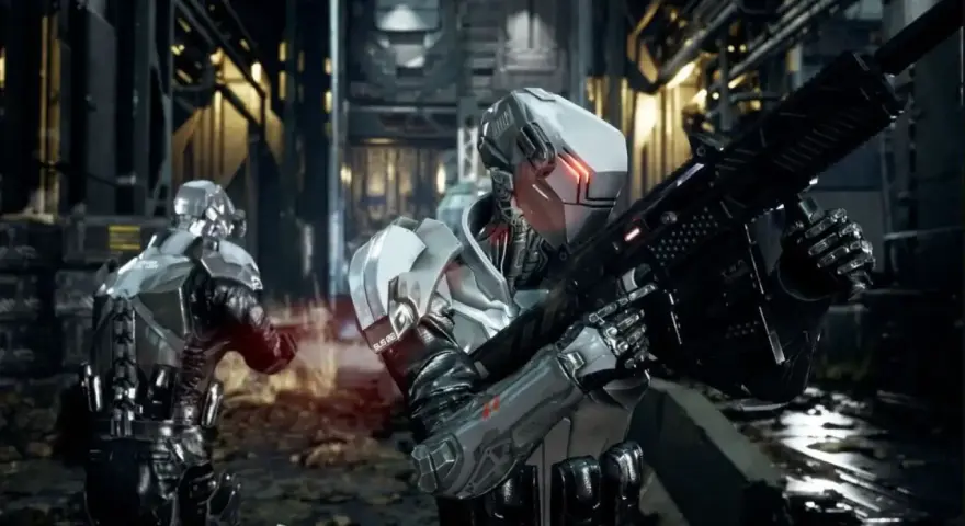 Soldados cibernéticos en Neo Berlin 2087, uno con rifle futurista, listos para la acción en un entorno urbano sombrío.