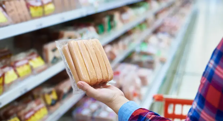 Ręka trzyma paczkę parówek w supermarkecie. Zastanawiasz się, ile kalorii ma parówka?