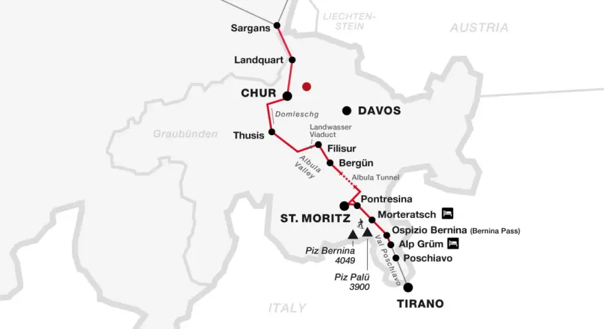 Mapa tras **kolei retyckich** z zaznaczonymi miastami: Chur, Davos, St. Moritz, Tirano. Widoczne Albulatunnel i przełęcz Bernina.