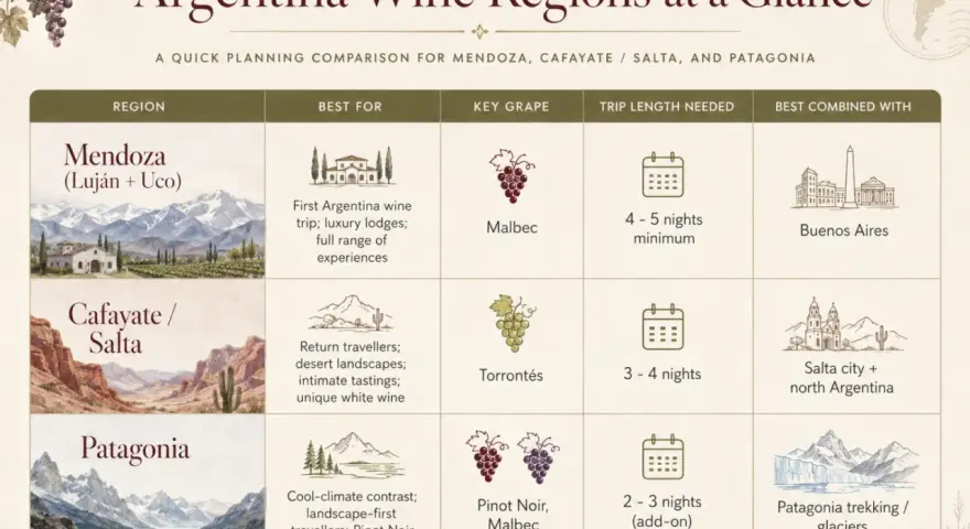 Mendoza, Argentina: ideal for first wine trips, luxury lodges, and Malbec. Plan 4-5 nights. Combine with Buenos Aires.
